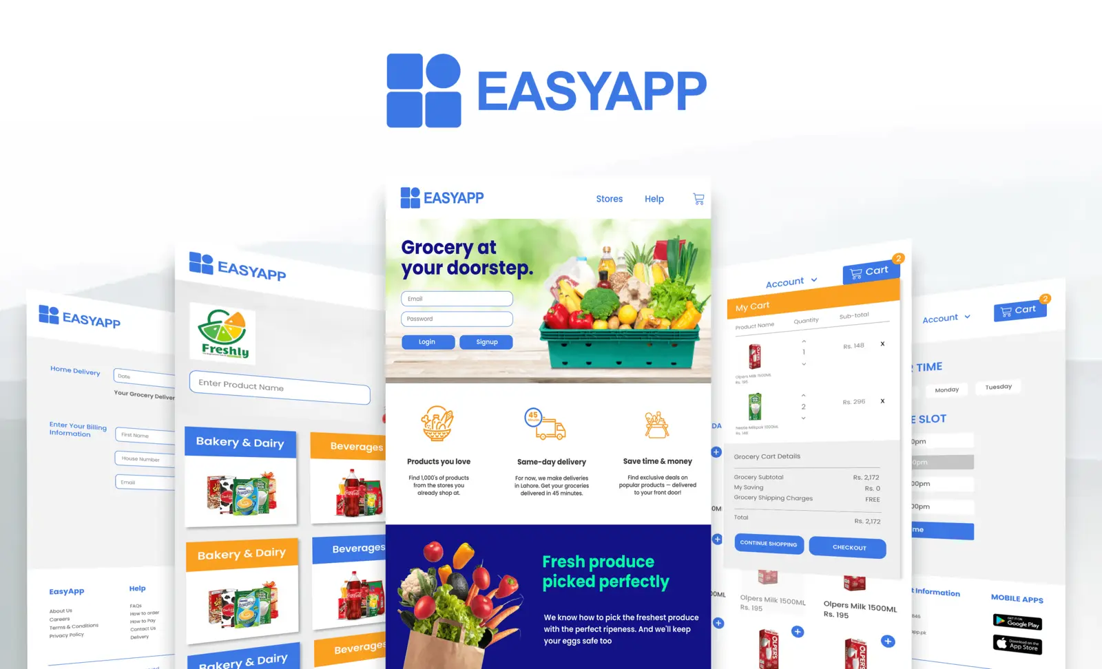 EasyApp grocery shopping interface shown across several web screens